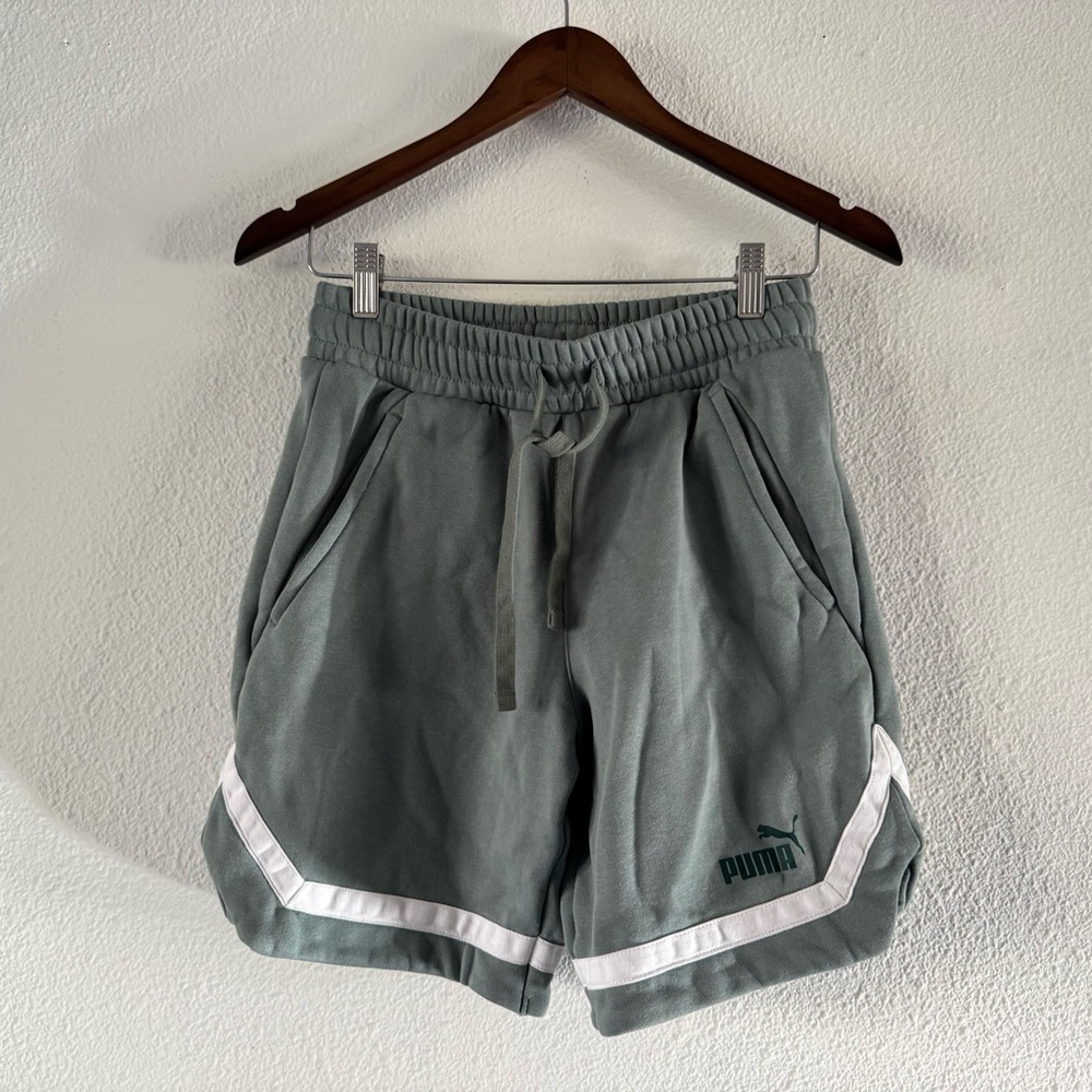 PUMA Fleece Dolphin Hem Shorts Small Green White Striped Athleisure Streetwear - Picture 14 of 15